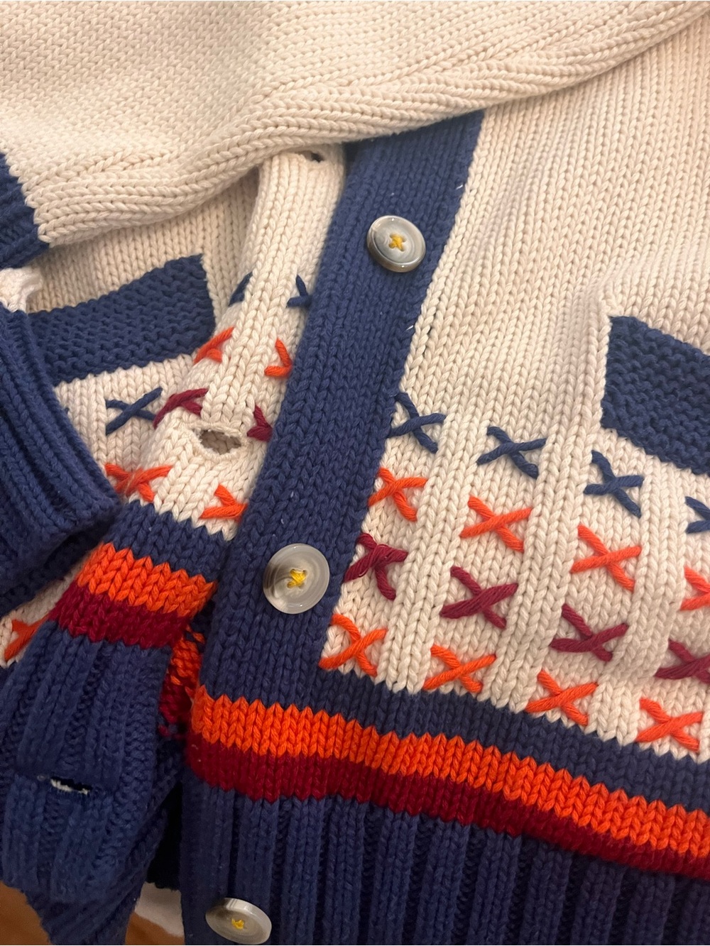 Cream Knit Sweater with Navy Heart and Multicolor Cross-Stitch Details - Picture 3 of 7